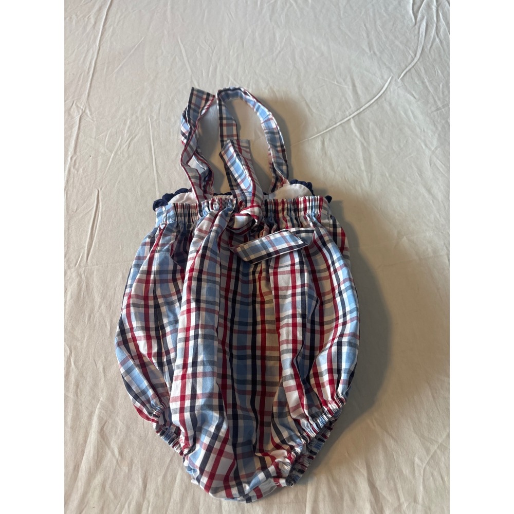Stitchy Fish Bubble Romper Baby 18M Red Blue White‎ Excellent Plaid Tie Straps